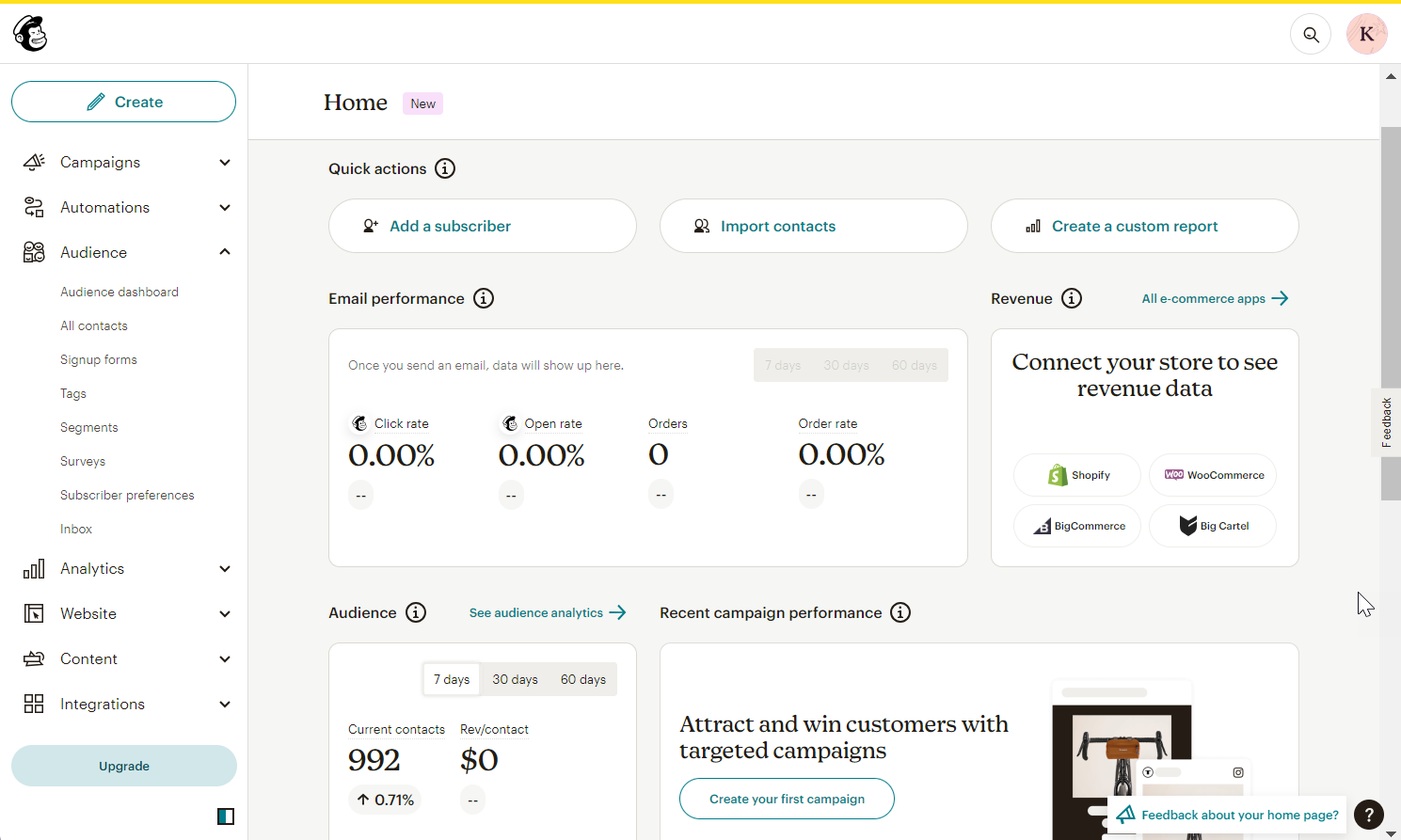 Mailchimp's dashboard