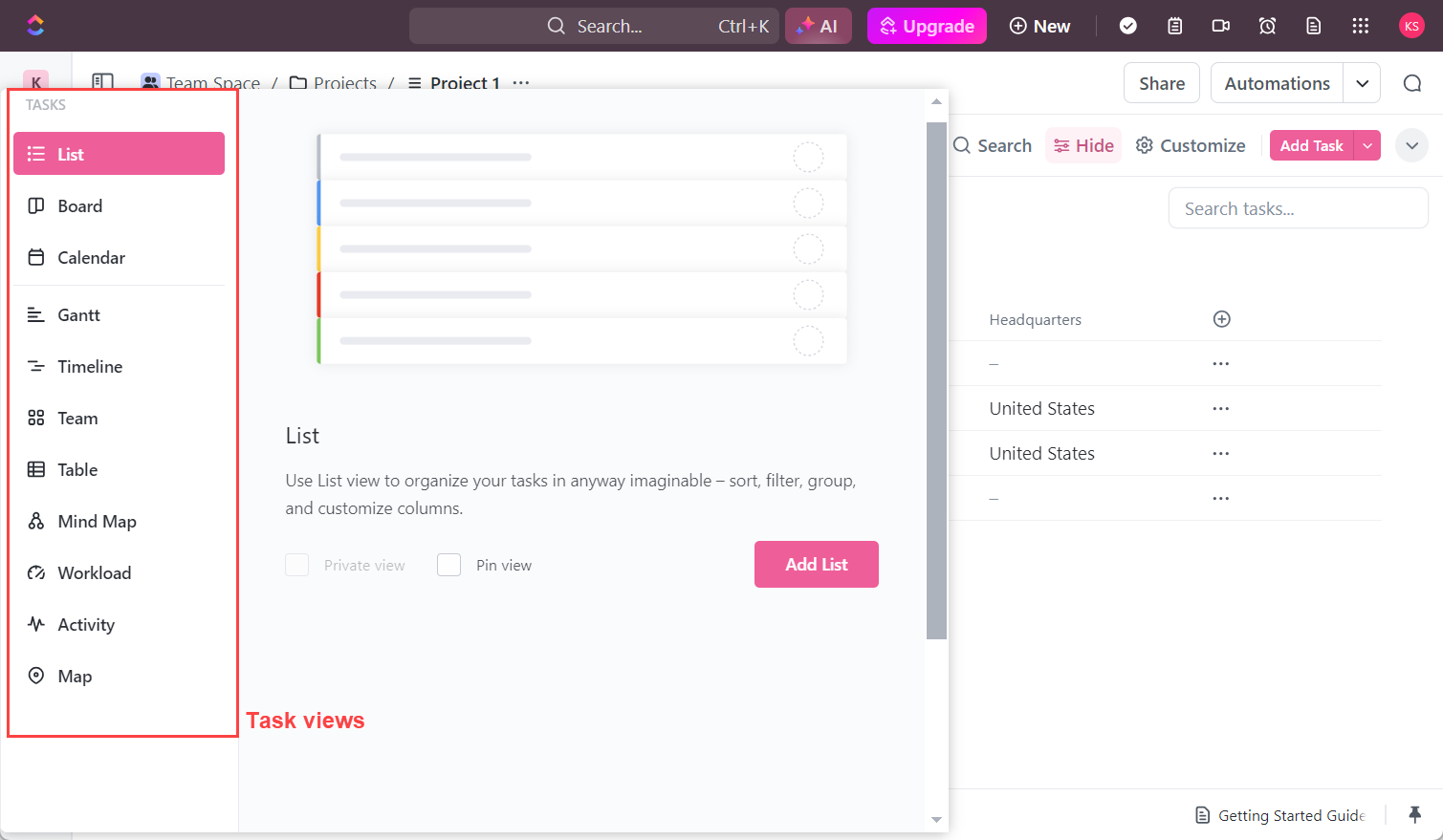 ClickUp's task views