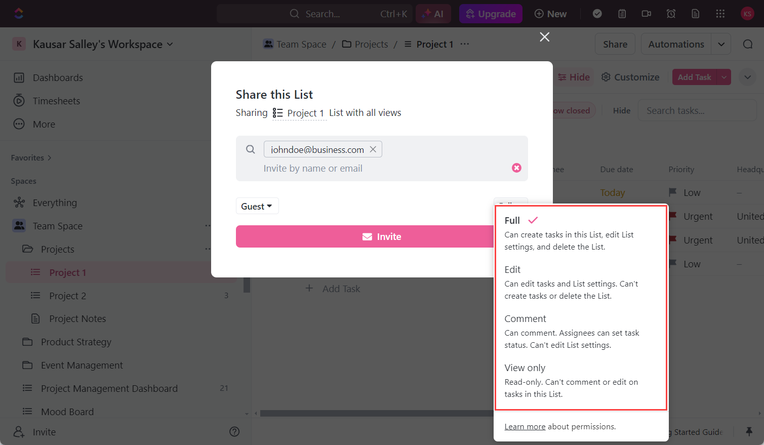 ClickUp's roles and permissions