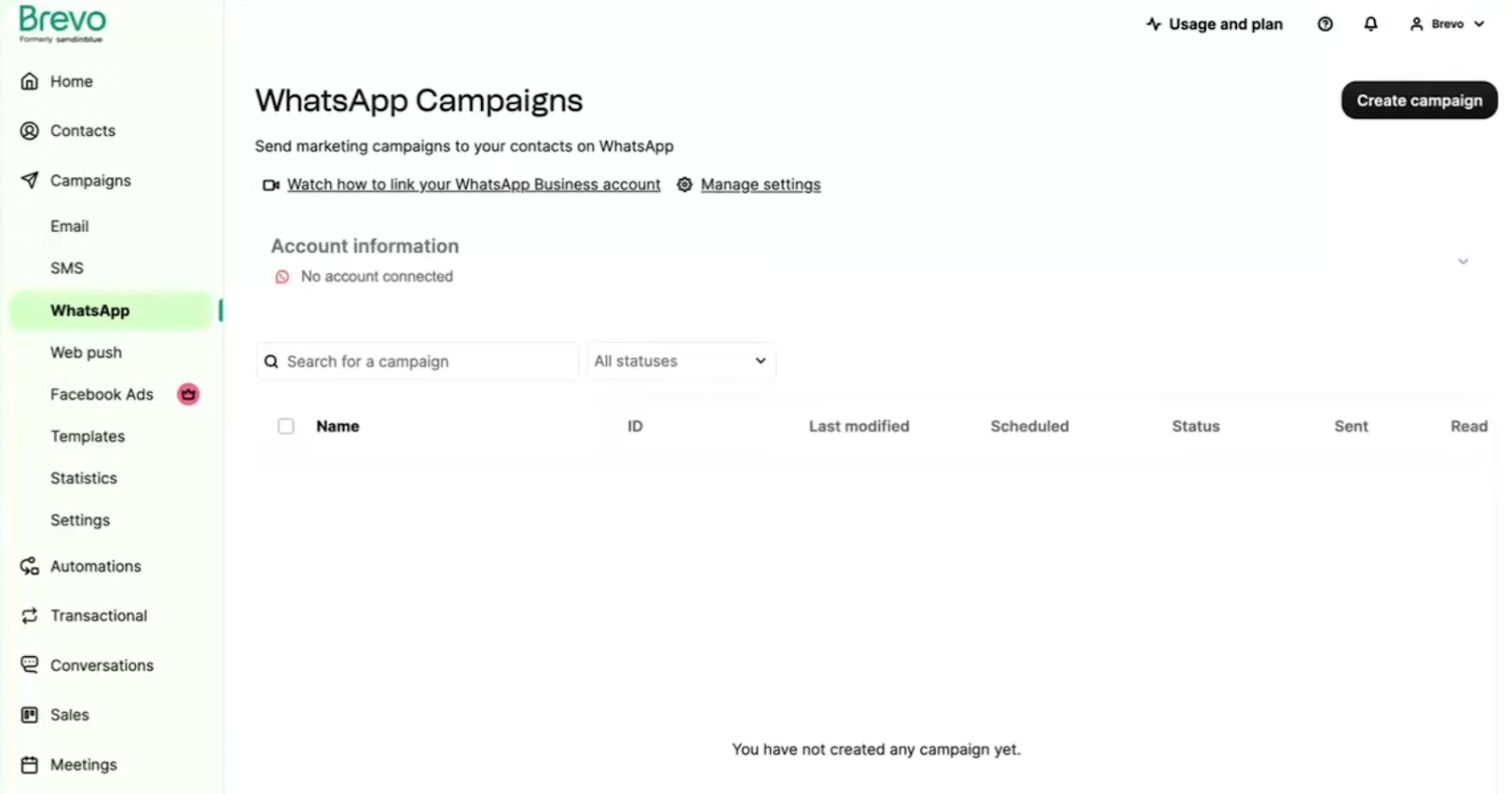 Brevo's WhatsApp campaigns interface