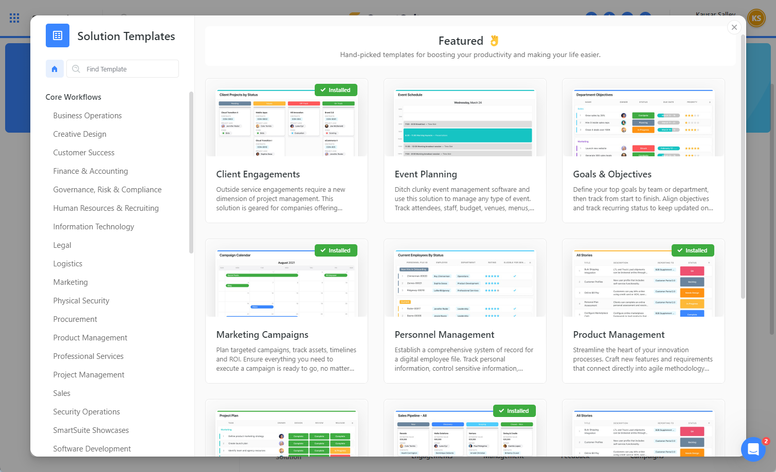 SmartSuite's template library